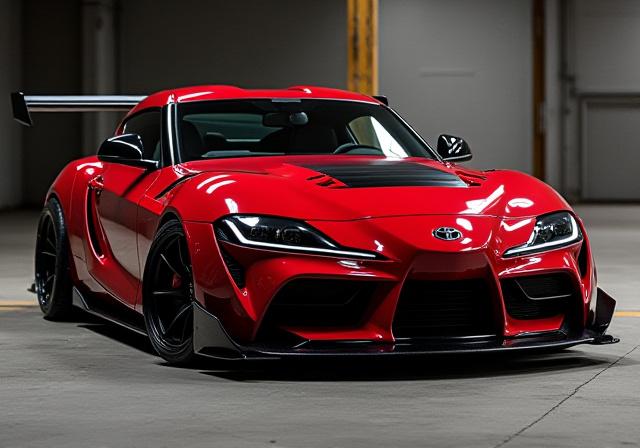 एक लाल Toyota Supra A90 जिसमें एयरो किट लगा है
