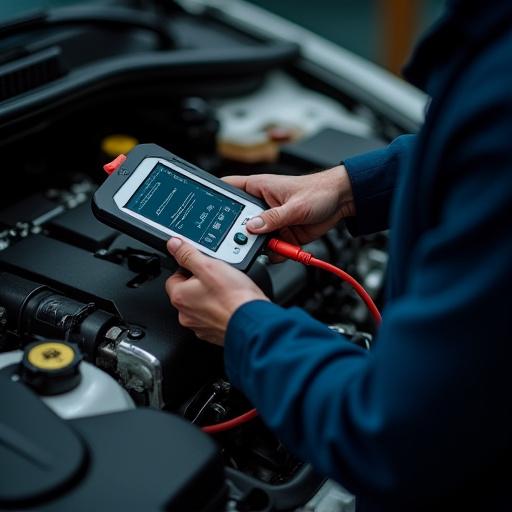 एक मैकेनिक जो कार के इंजन पर डायग्नोस्टिक टूल का उपयोग कर रहा है